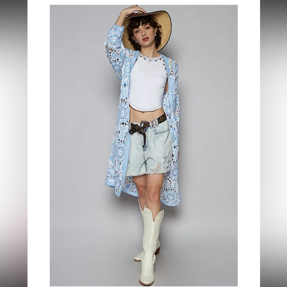 Nwt POL blue white one size Crochet Long Sleeve Knit Cardigan spring boho spring - Picture 1 of 4
